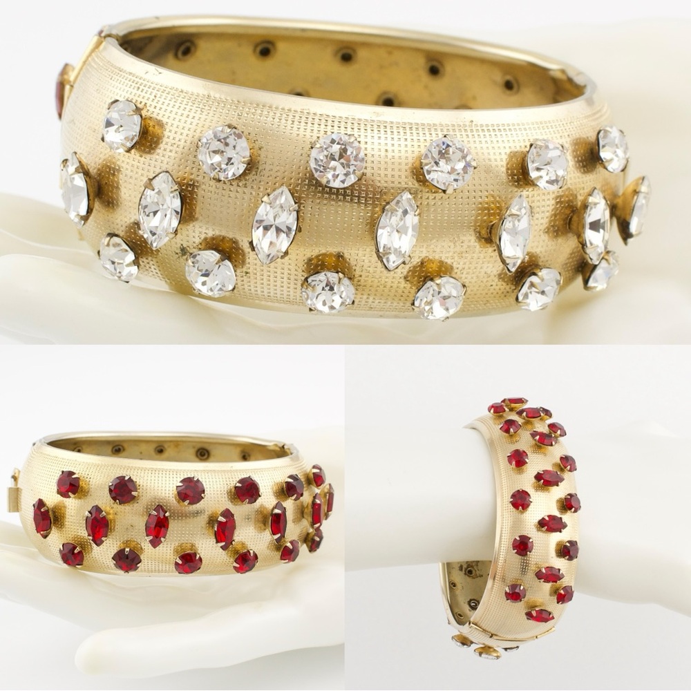 Vintage 1940s Hinged Clamper Bangle Bracelet Red & Clear Rhinestone Gold Plated